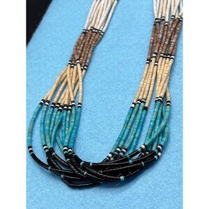 Vintage Santo Domingo Pueblo 10 Strand Heishi Turquoise Shell Onyx Necklace